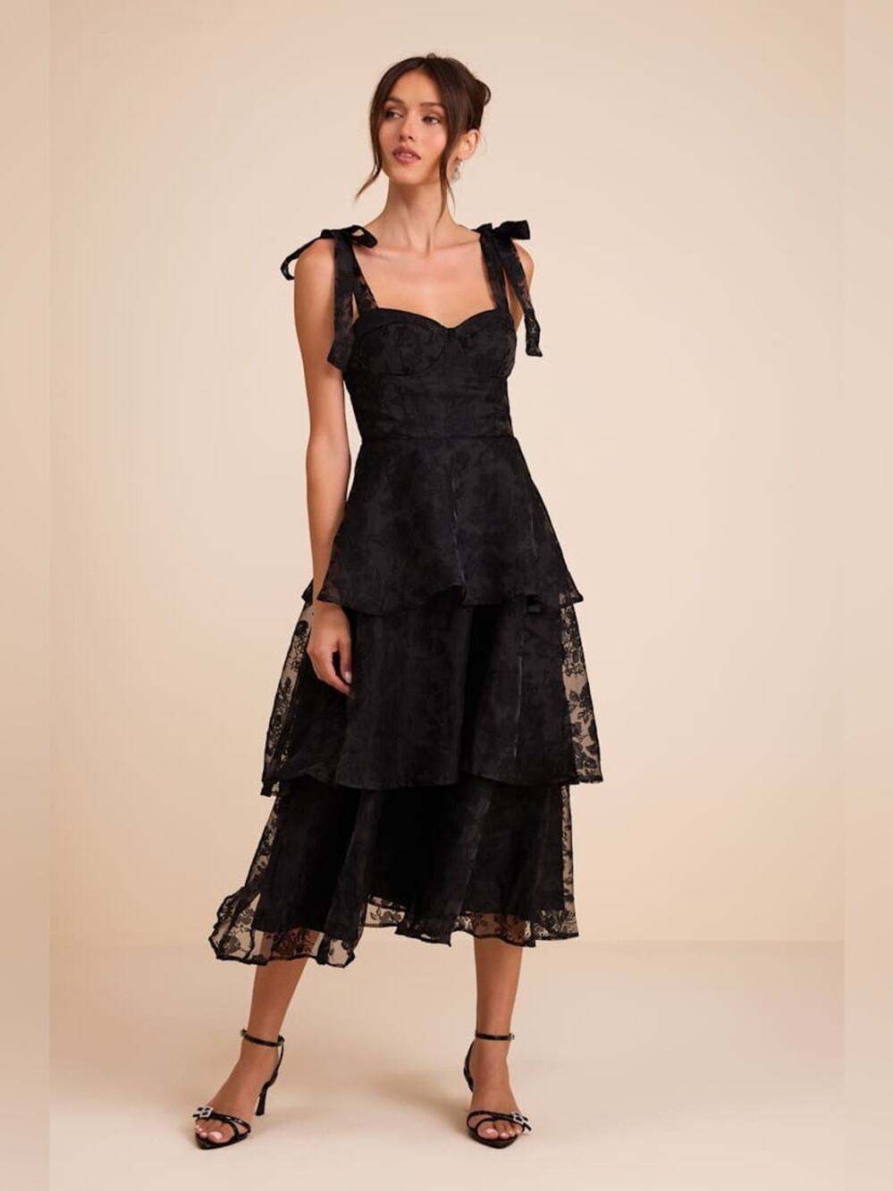 Lulus Glamorous Sweetie Black Burnout Tie-Strap Bustier Midi Dress - Read Info